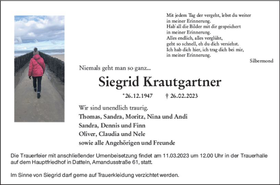 Traueranzeige von Siegrid Krautgartner von Dill Block