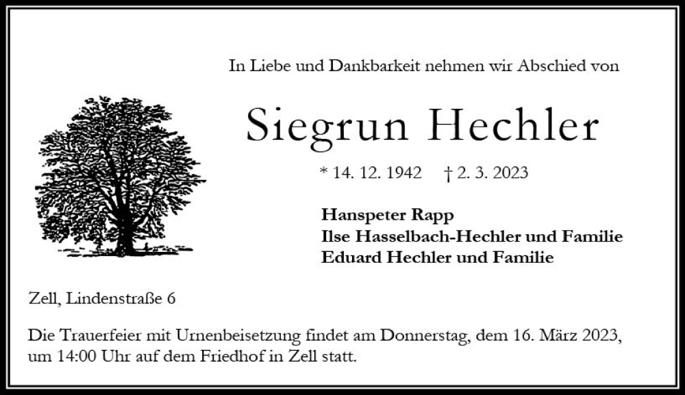  Traueranzeige für Siegrun Hechler vom 11.03.2023 aus Oberhessen Kurier