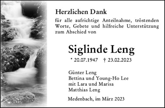 Traueranzeige von Siglinde Leng von Dill Block