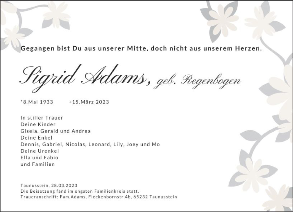  Traueranzeige für Sigrid Adams vom 28.03.2023 aus Idsteiner Land/Untertaunus