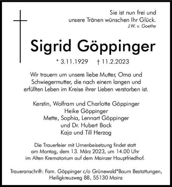 Traueranzeige von Sigrid Göppinger von Allgemeine Zeitung Mainz