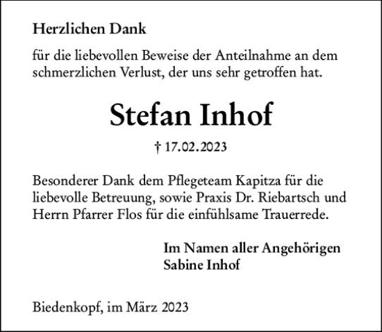 Traueranzeige von Stefan Inhof von Hinterländer Anzeiger