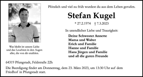 Traueranzeige von Stefan Kugel von Darmstädter Echo