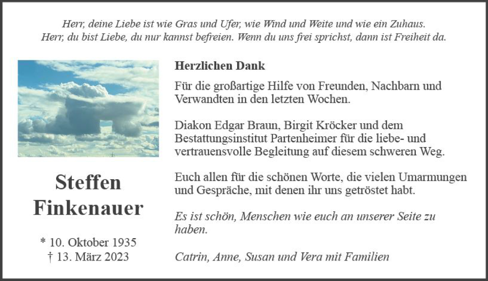  Traueranzeige für Steffen Finkenauer vom 01.04.2023 aus Allgemeine Zeitung Bad Kreuznach