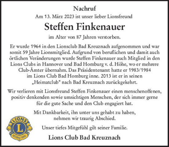 Traueranzeige von Steffen Finkenauer von Allgemeine Zeitung Bad Kreuznach