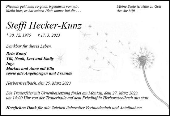 Traueranzeige von Steffi Hecker-Kunz von Dill Block