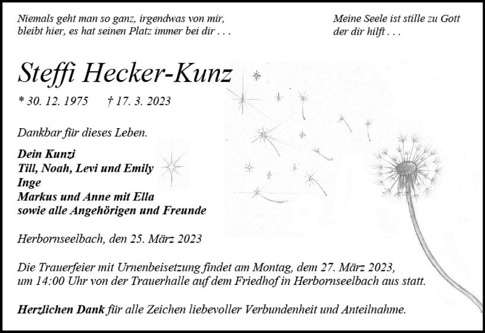  Traueranzeige für Steffi Hecker-Kunz vom 25.03.2023 aus Dill Block