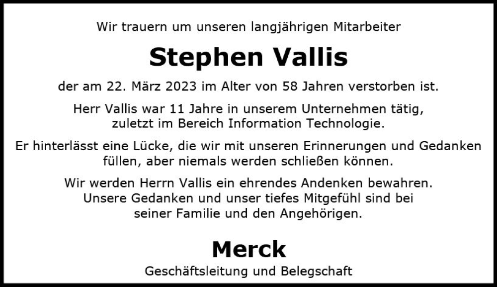  Traueranzeige für Stephen Vallis vom 01.04.2023 aus Darmstädter Echo