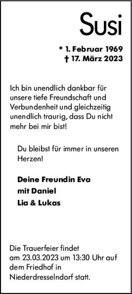 Traueranzeige von Susi  von Dill Block
