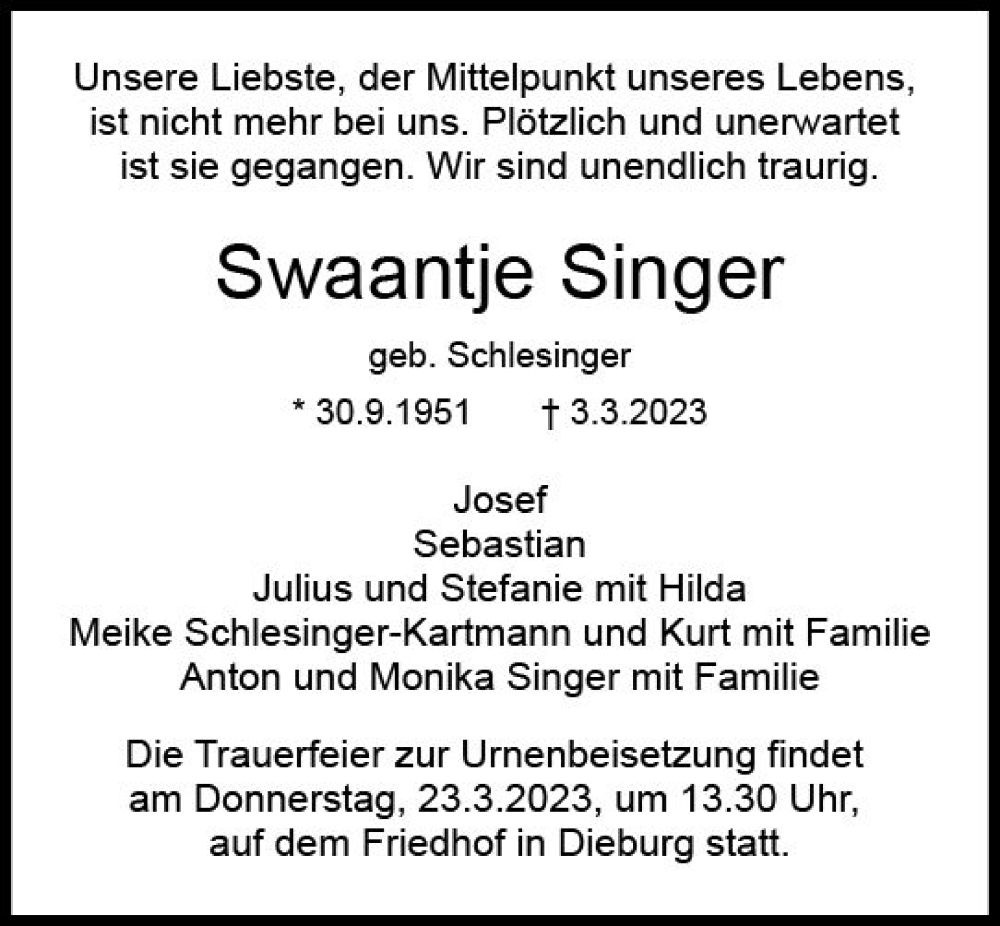  Traueranzeige für Swaantje Singer vom 18.03.2023 aus Dieburger Anzeiger/Groß-Zimmerner Lokal-Anzeiger