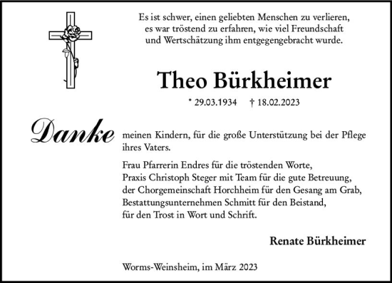 Traueranzeige von Theo Bürkheimer von Wormser Zeitung