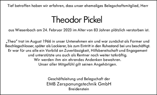 Traueranzeige von Theodor Pickel von Hinterländer Anzeiger