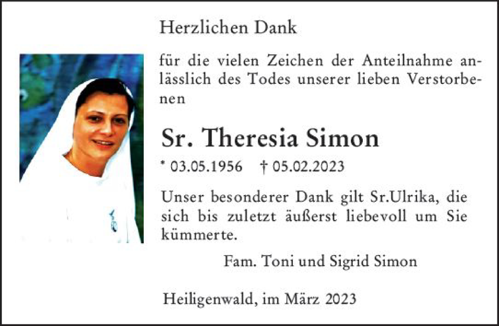  Traueranzeige für Theresia Simon vom 09.03.2023 aus Allgemeine Zeitung Mainz