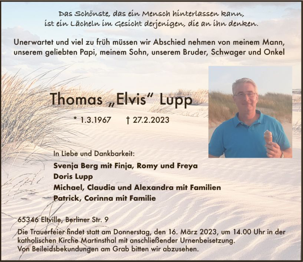  Traueranzeige für Thomas Lupp vom 11.03.2023 aus Wiesbadener Kurier