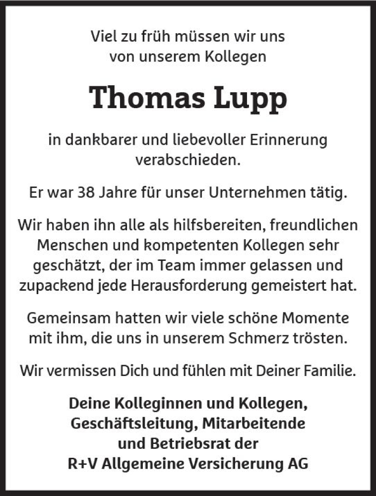  Traueranzeige für Thomas Lupp vom 11.03.2023 aus Wiesbadener Kurier