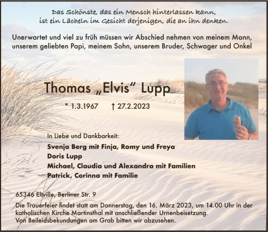 Traueranzeige von Thomas Lupp von Wiesbadener Kurier