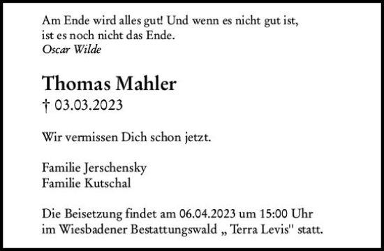 Traueranzeige von Thomas Mahlen von Wiesbadener Kurier