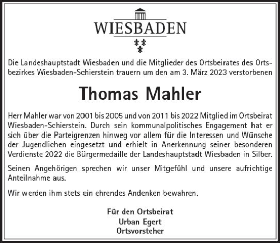 Traueranzeige von Thomas Mahler von Wiesbadener Kurier