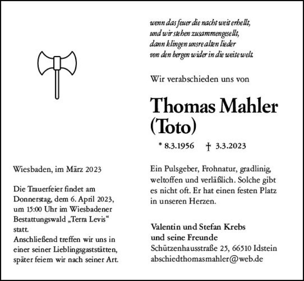  Traueranzeige für Thomas Mahler vom 11.03.2023 aus Wiesbadener Kurier