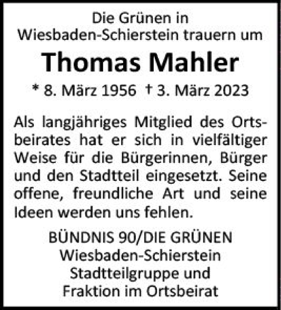 Traueranzeige von Thomas Mahler von Wiesbadener Kurier