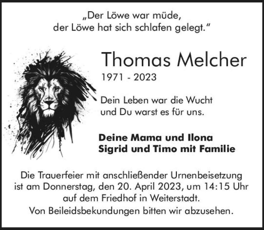  Traueranzeige für Thomas Melcher vom 01.04.2023 aus Darmstädter Echo