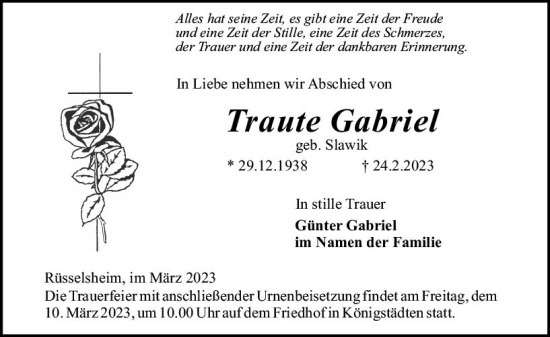 Traueranzeige von Traute Gabriel von Rüsselsheimer Echo
