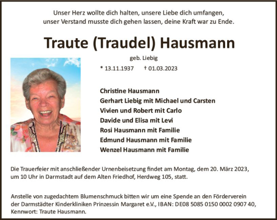 Traueranzeige von Traute Hausmann von Darmstädter Echo