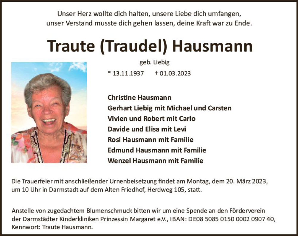  Traueranzeige für Traute Hausmann vom 11.03.2023 aus Darmstädter Echo