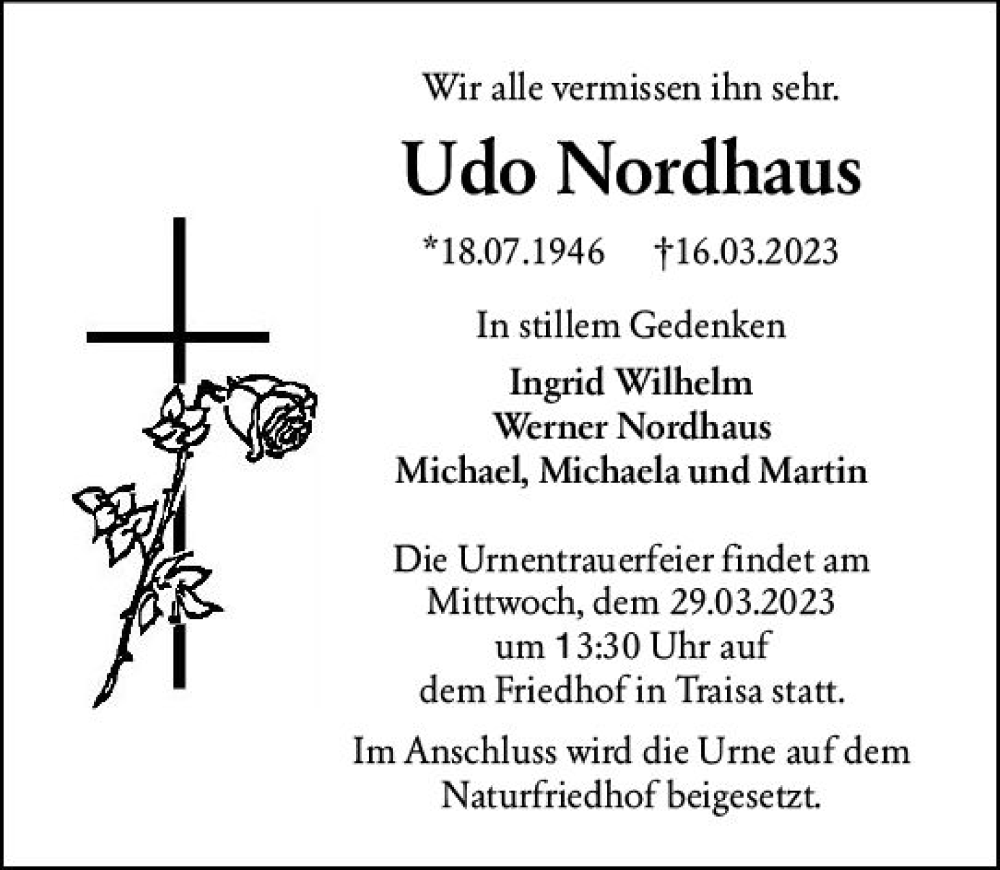  Traueranzeige für Udo Nordhaus vom 25.03.2023 aus Darmstädter Echo