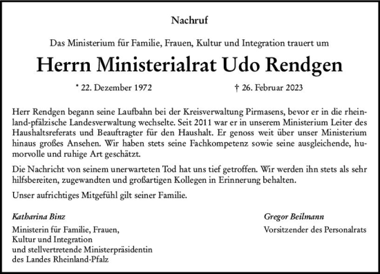 Traueranzeige von Udo Rendgen von Allgemeine Zeitung Bingen/Ingelheim