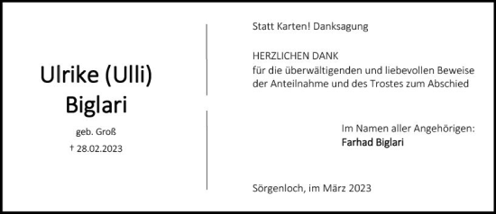 Traueranzeige von Ulrike Biglari von Allgemeine Zeitung Mainz
