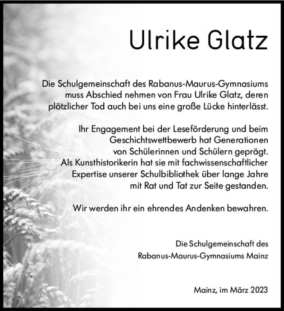  Traueranzeige für Ulrike Glatz vom 18.03.2023 aus Allgemeine Zeitung Mainz