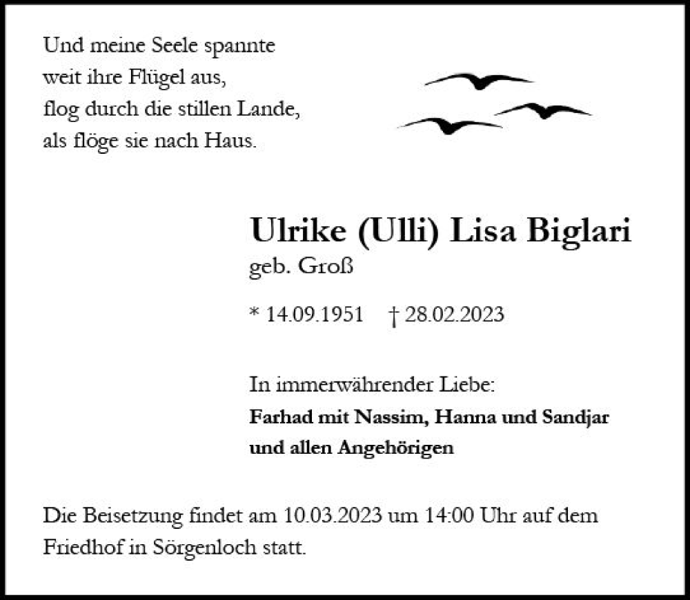  Traueranzeige für Ulrike Lisa Biglari vom 04.03.2023 aus Allgemeine Zeitung Mainz