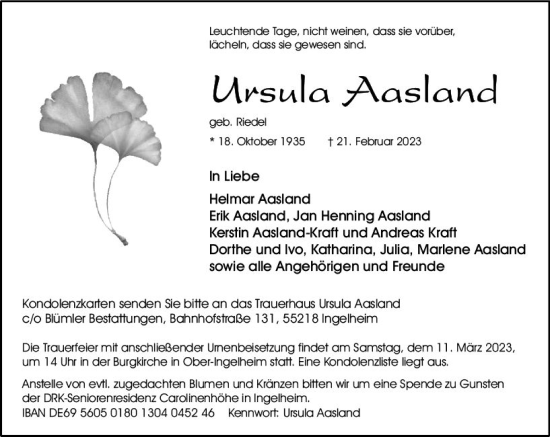 Traueranzeige von Ursula Aasland von Allgemeine Zeitung Bingen/Ingelheim