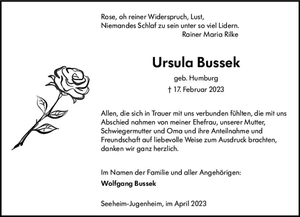  Traueranzeige für Ursula Bussek vom 01.04.2023 aus Darmstädter Echo