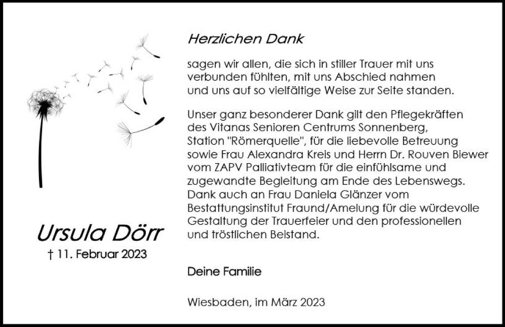  Traueranzeige für Ursula Dörr vom 04.03.2023 aus Wiesbadener Kurier