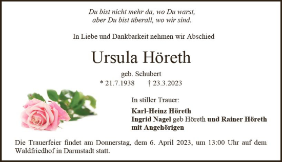 Traueranzeige von Ursula Höreth von Darmstädter Echo