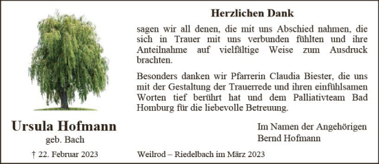 Traueranzeige von Ursula Hofmann von Camberger Anzeiger