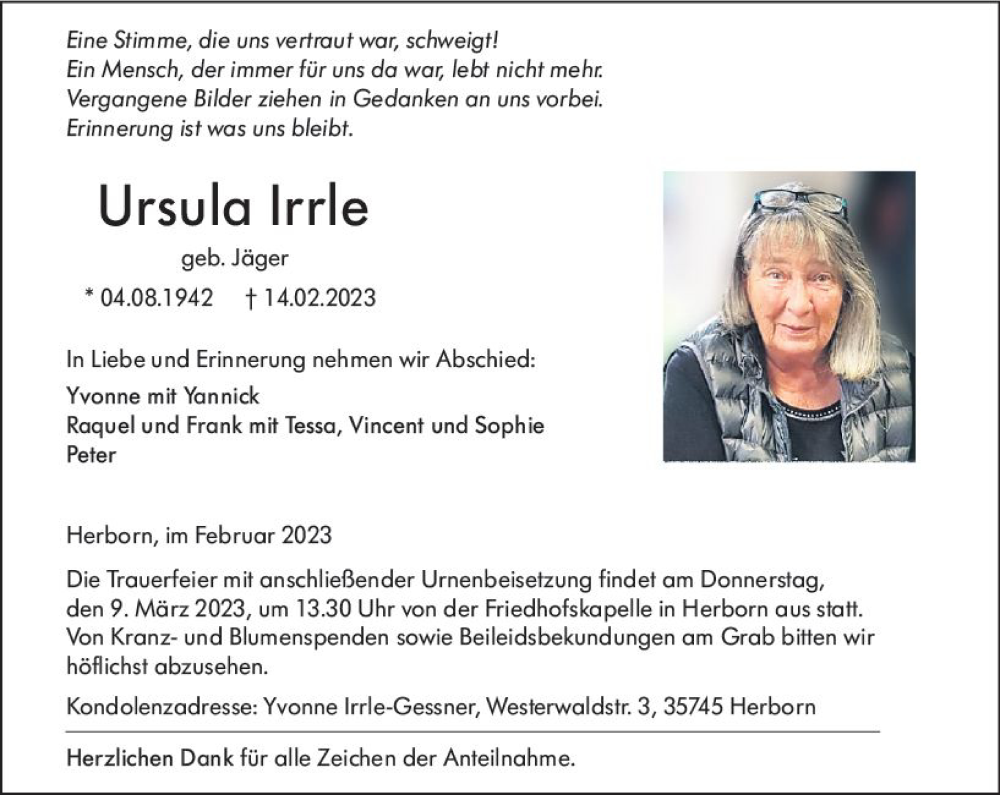  Traueranzeige für Ursula Irrle vom 06.03.2023 aus Dill Block