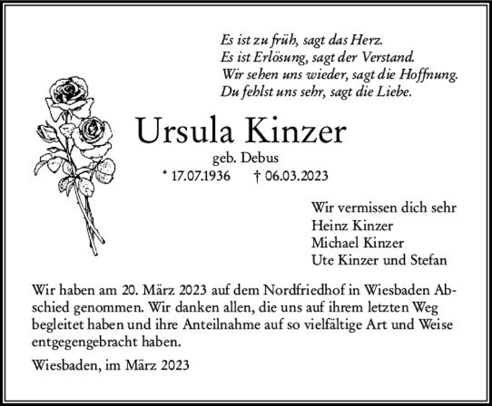  Traueranzeige für Ursula Kinzer vom 25.03.2023 aus Wiesbadener Kurier