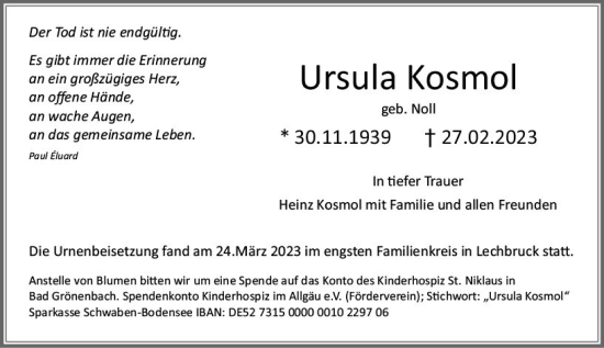 Traueranzeige von Ursula Kosmol von Nassauische Neue Presse