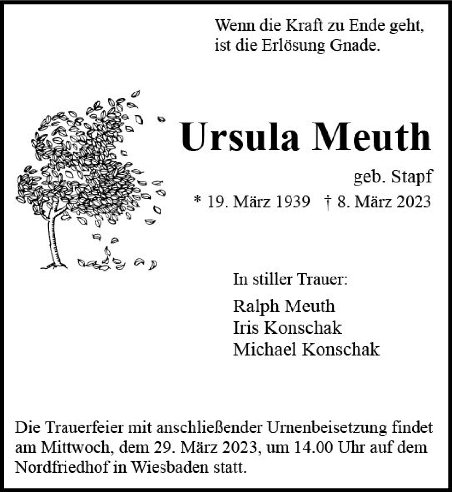  Traueranzeige für Ursula Meuth vom 25.03.2023 aus Wiesbadener Kurier