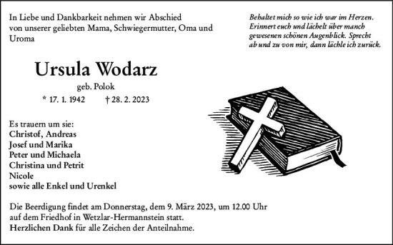 Traueranzeige von Ursula Wodarz von Wetzlarer Neue Zeitung