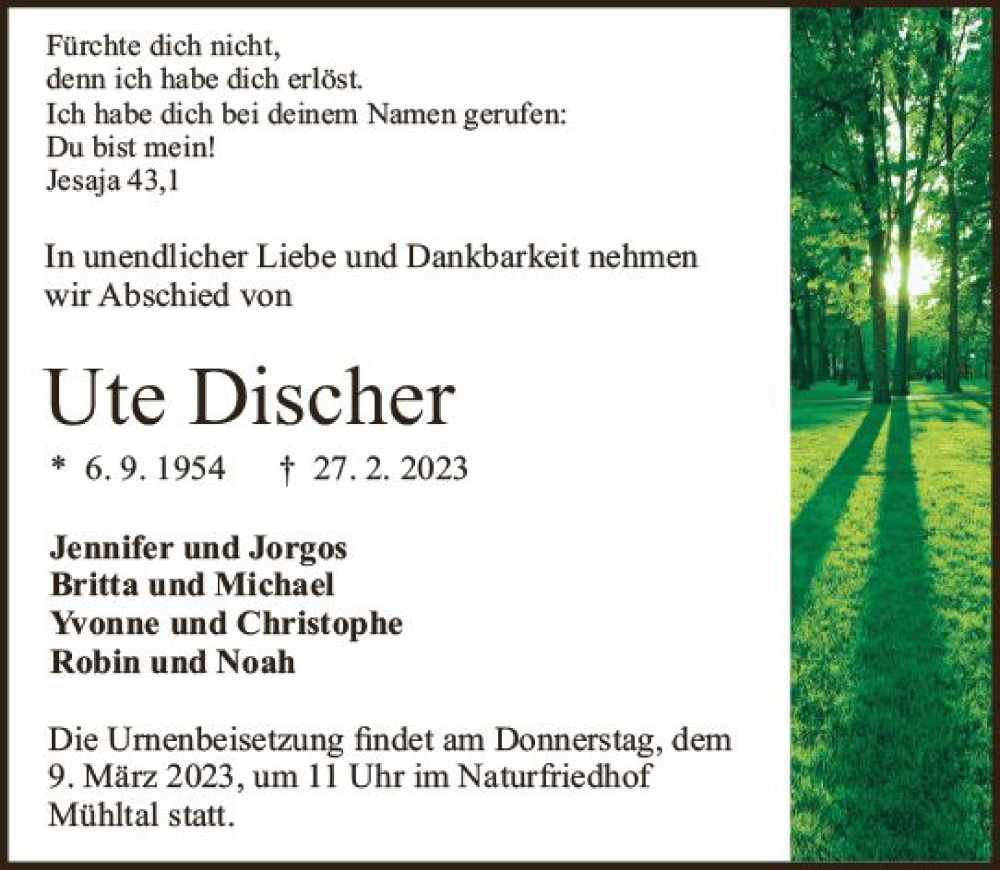  Traueranzeige für Ute Discher vom 04.03.2023 aus Starkenburger Echo