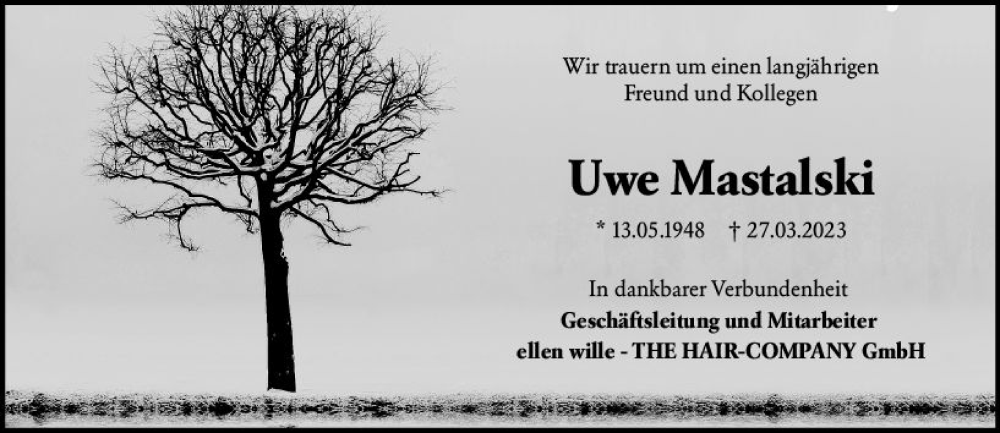  Traueranzeige für Uwe Mastalski vom 30.03.2023 aus Darmstädter Echo