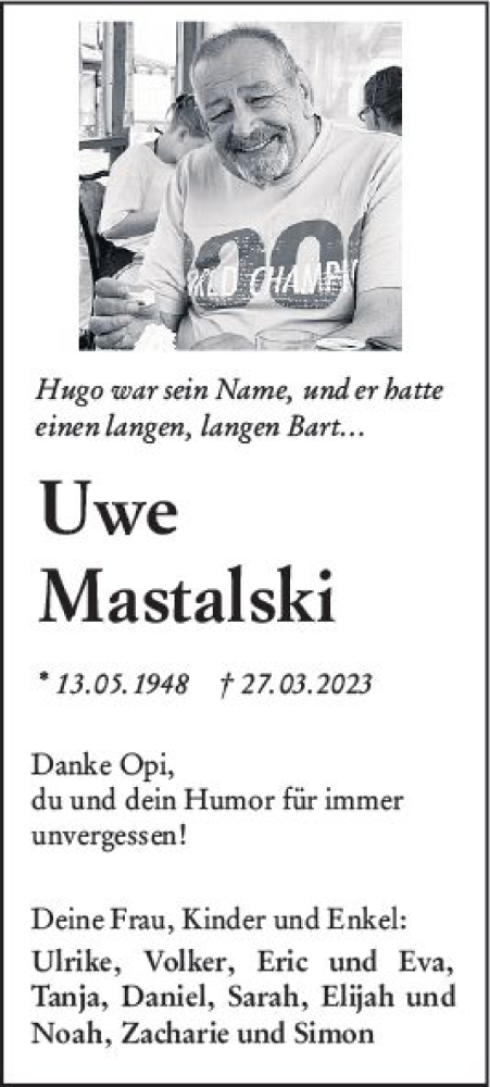  Traueranzeige für Uwe Mastalski vom 30.03.2023 aus Darmstädter Echo