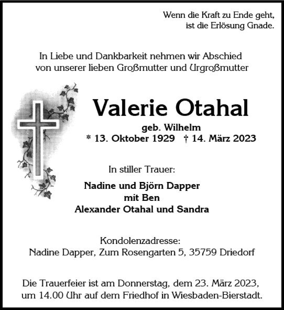 Traueranzeige für Valerie Otahal vom 18.03.2023 aus Wiesbadener Kurier