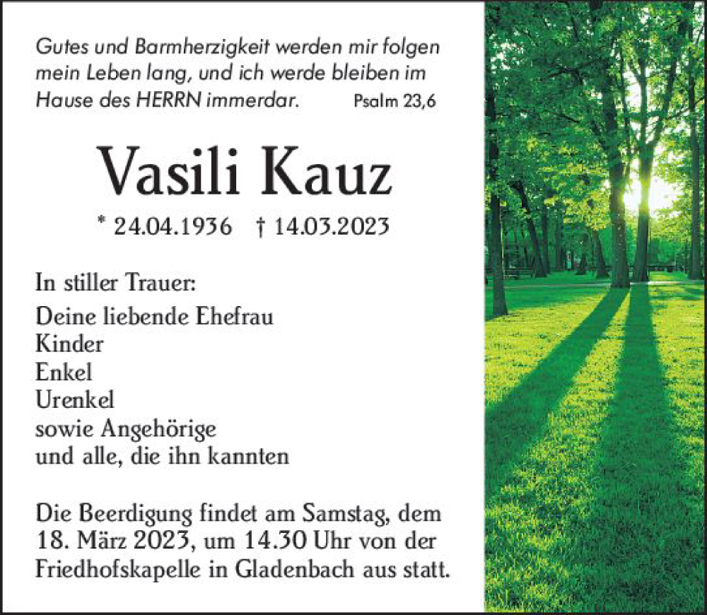  Traueranzeige für Vasili Kauz vom 16.03.2023 aus Hinterländer Anzeiger