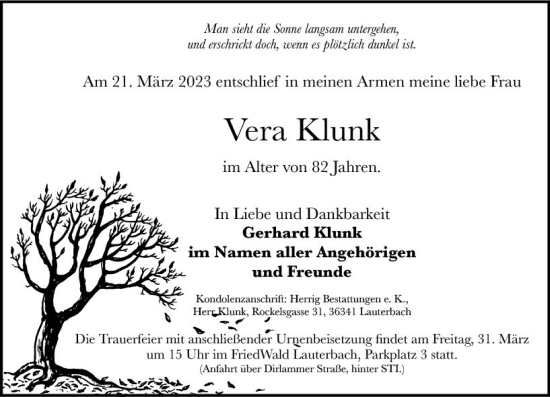 Traueranzeige von Vera Klunk von VRM Trauer