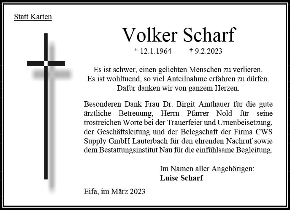  Traueranzeige für Volker Scharf vom 18.03.2023 aus Oberhessen Kurier